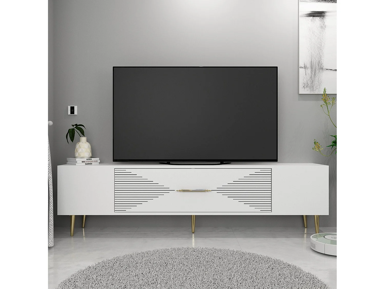 Meuble Tv design 1 porte basculante Steli L150cm Blanc et Or