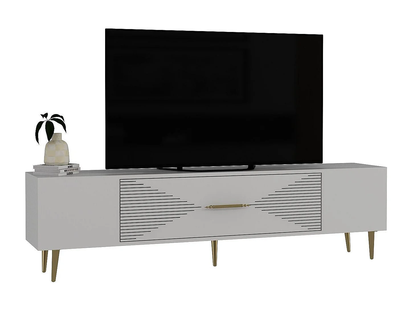 Meuble Tv design 1 porte basculante Steli L150cm Blanc et Or
