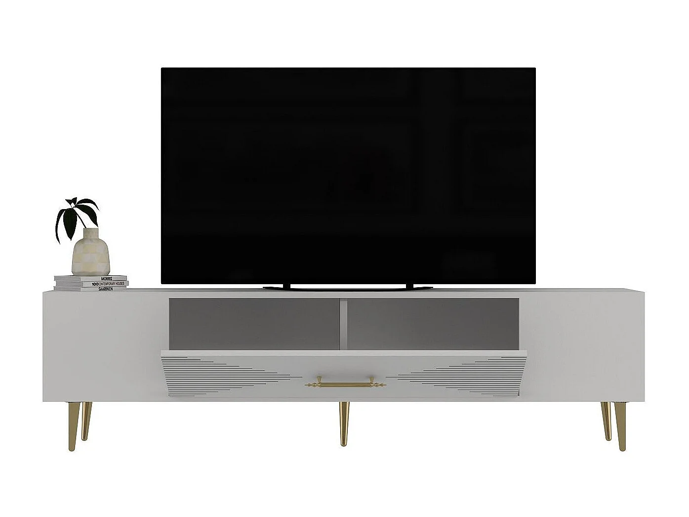 Meuble Tv design 1 porte basculante Steli L150cm Blanc et Or