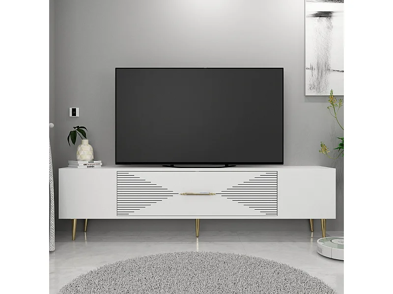Mobile TV – 150 cm x 48,2 cm x 29,6 cm – Bianco e oro – Pannello truciolare rivestito in melaminico