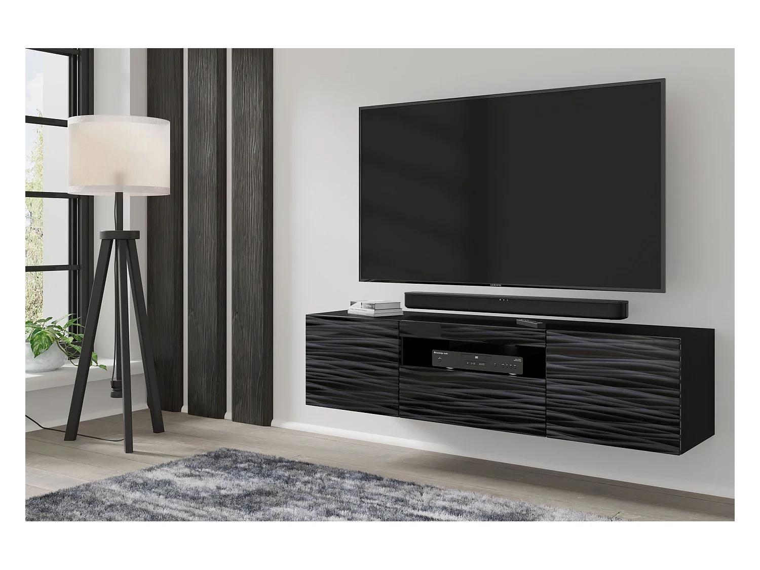 Meuble TV AURA 150 cm noir satiné frezé