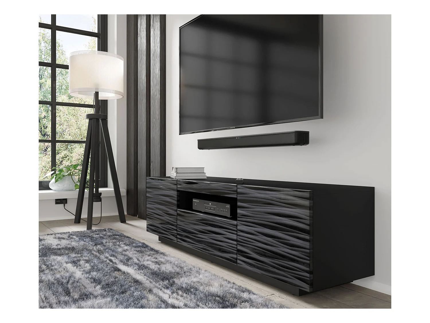 Meuble TV AURA 150 cm noir satiné frezé