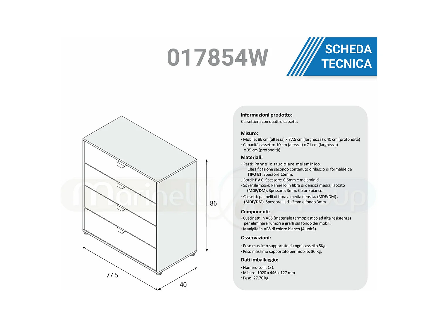 Cassettiera 4 cassetti con piedi rovere nodi bianco opaco 017854W