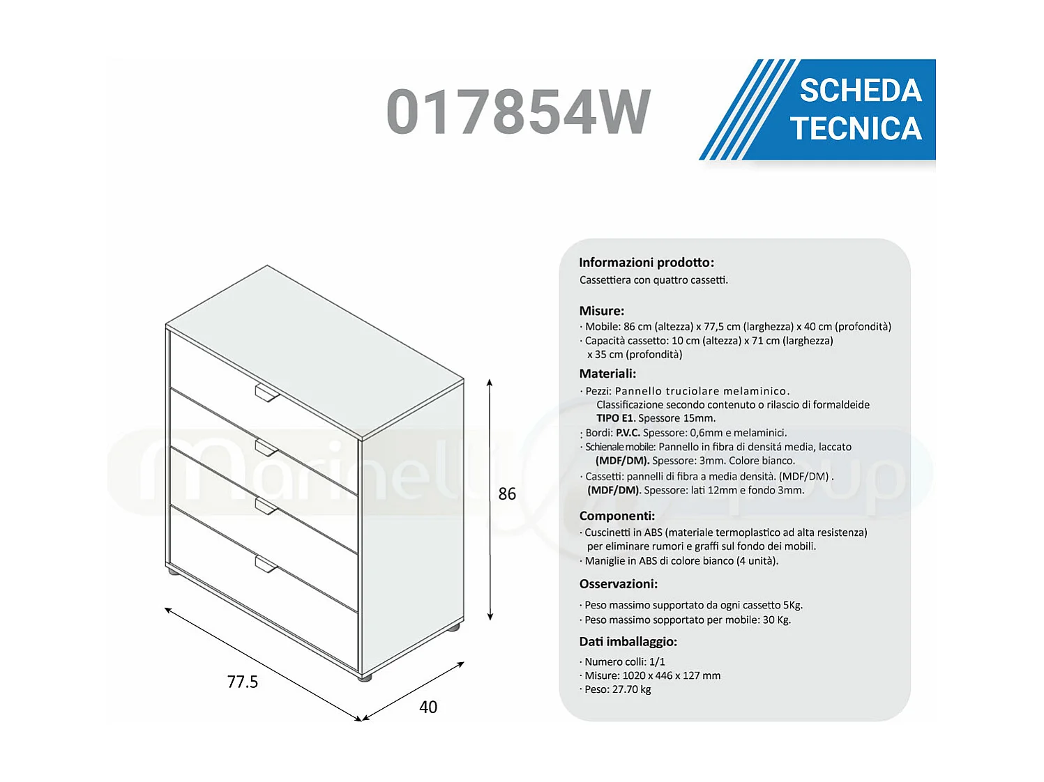 Cassettiera 4 cassetti con piedi rovere nodi bianco opaco 017854W
