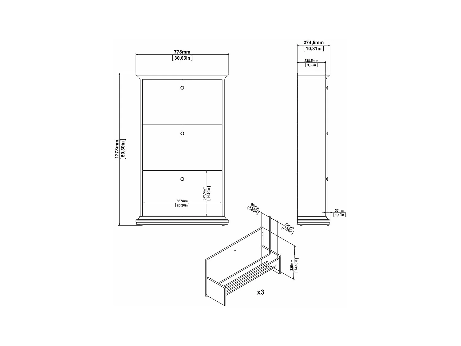 Venedig meuble à chaussures avec 3 portes battantes en blanc.