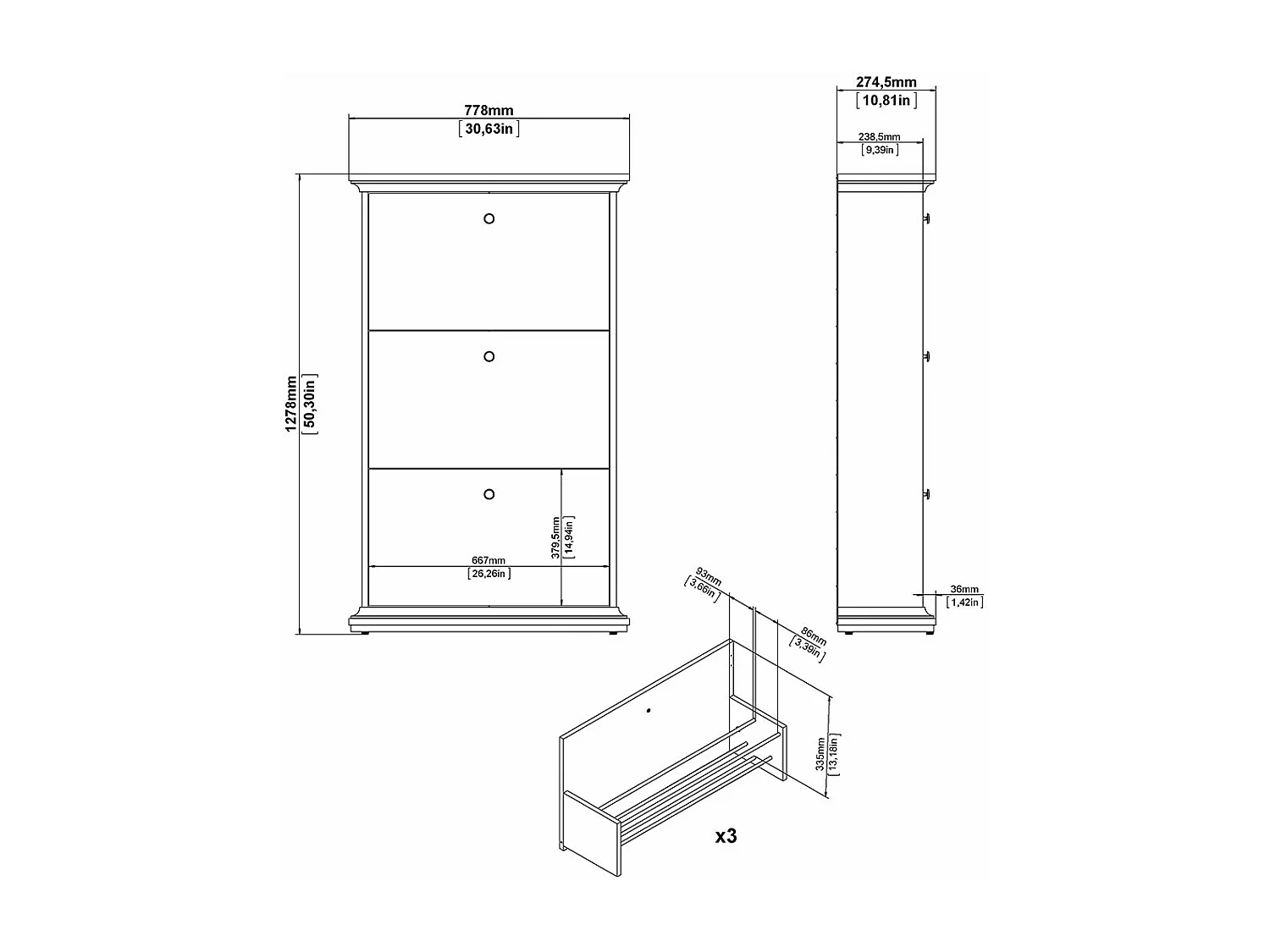 Venedig schoenenkast met 3 klepdeuren mat grijs.