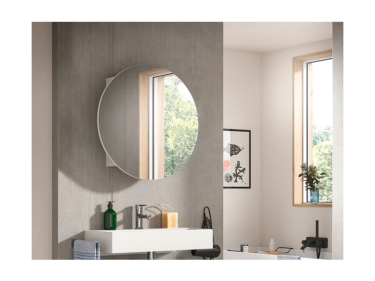 Mobiletto specchio da bagno Riff Ø70cm 1 anta bianco.