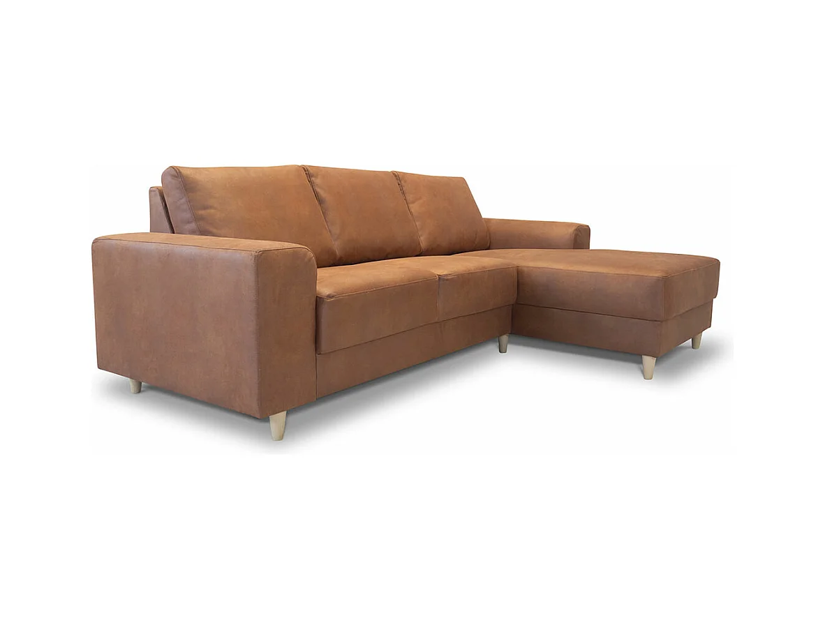 Nordic Sofa mit Chaiselong rechts gewendet Cognacfarben Leder.