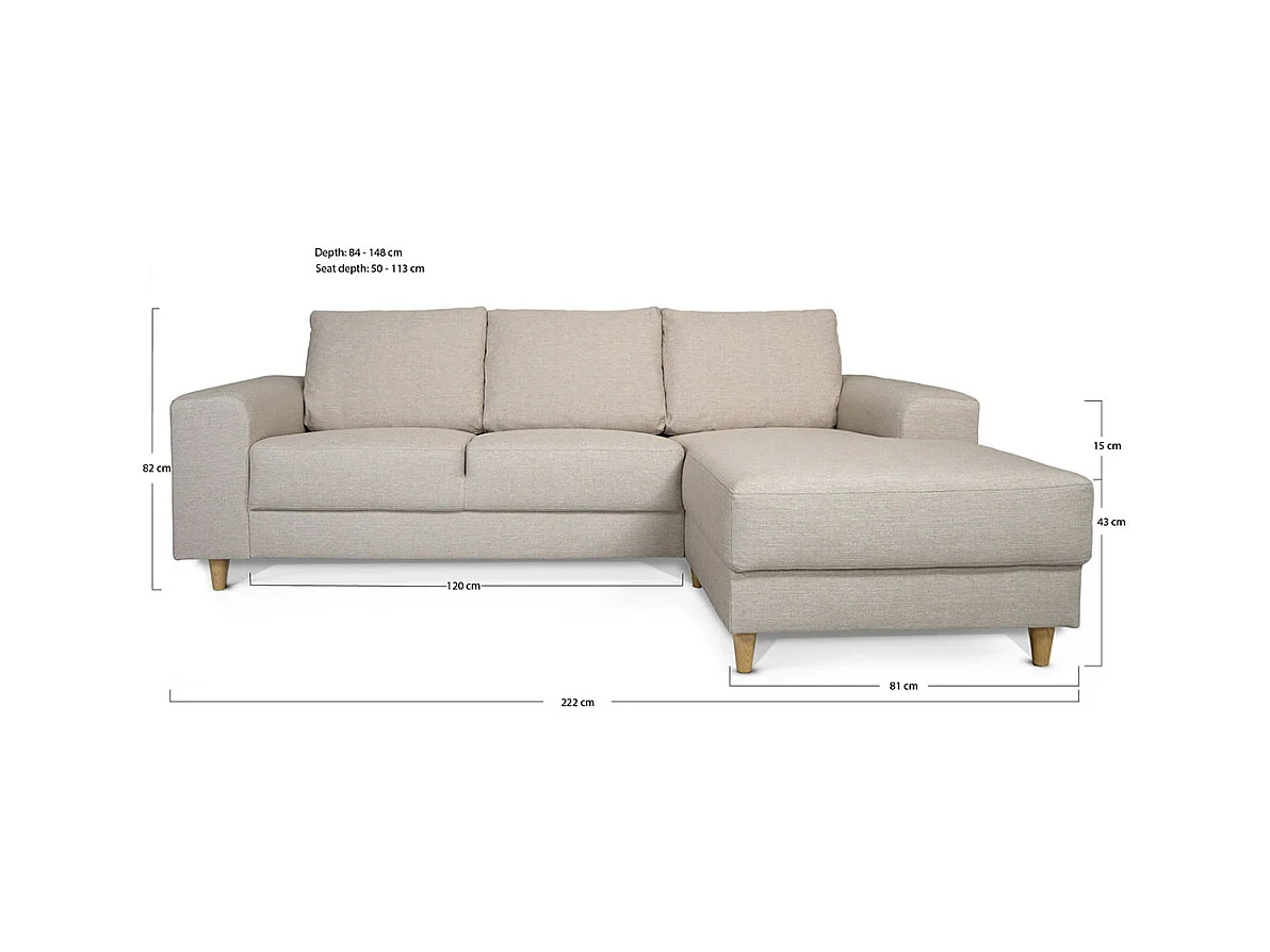 Nordic canapé avec chaise longue tourné vers la droite beige clair.