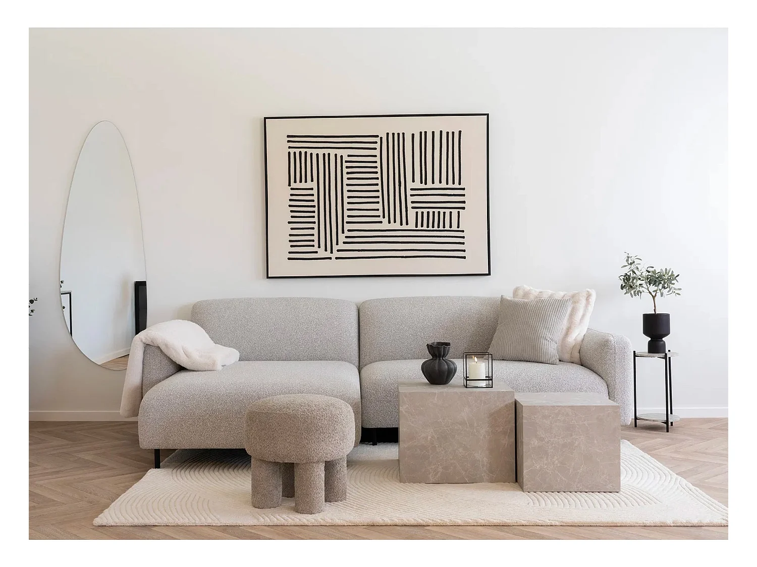 Canapé d’angle SALVADOR – Tissu bouclé gris clair-angle gauche