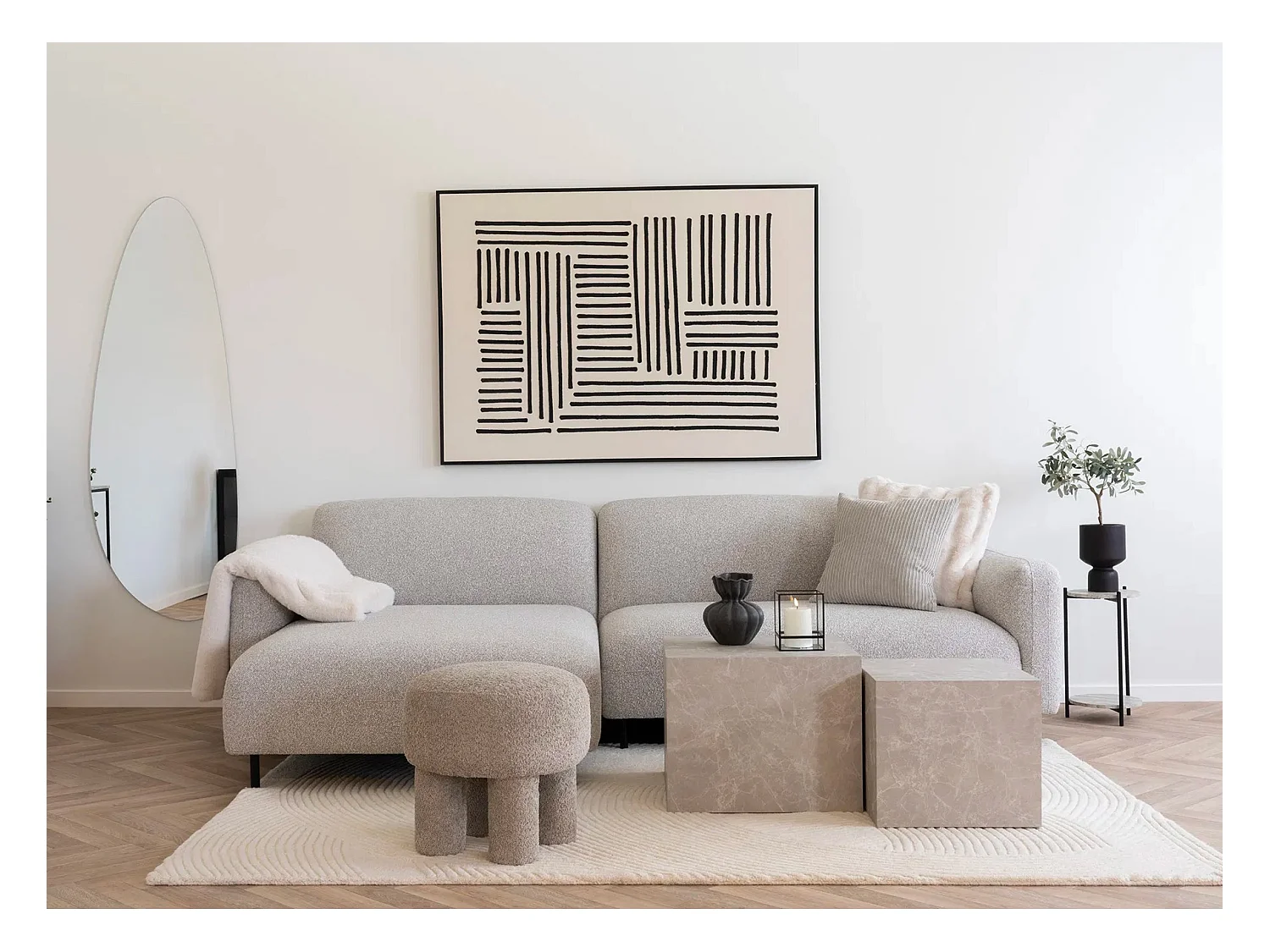 Canapé d’angle SALVADOR – Tissu bouclé gris clair-angle gauche