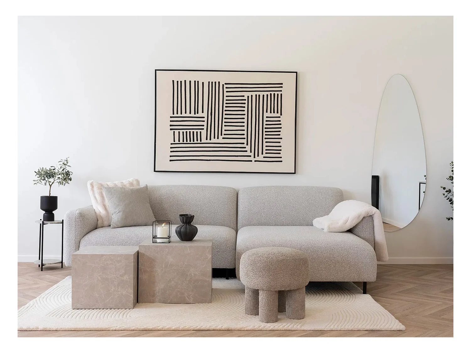 Canapé d’angle SALVADOR – Tissu bouclé gris clair-angle droit