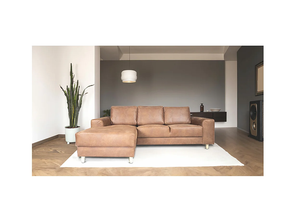 Nordic canapé avec chaise longue tourné vers la gauche couleurcognac cuir.