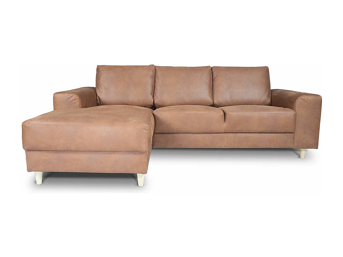Nordic bank met chaise longue links gericht cognackleurig leer.