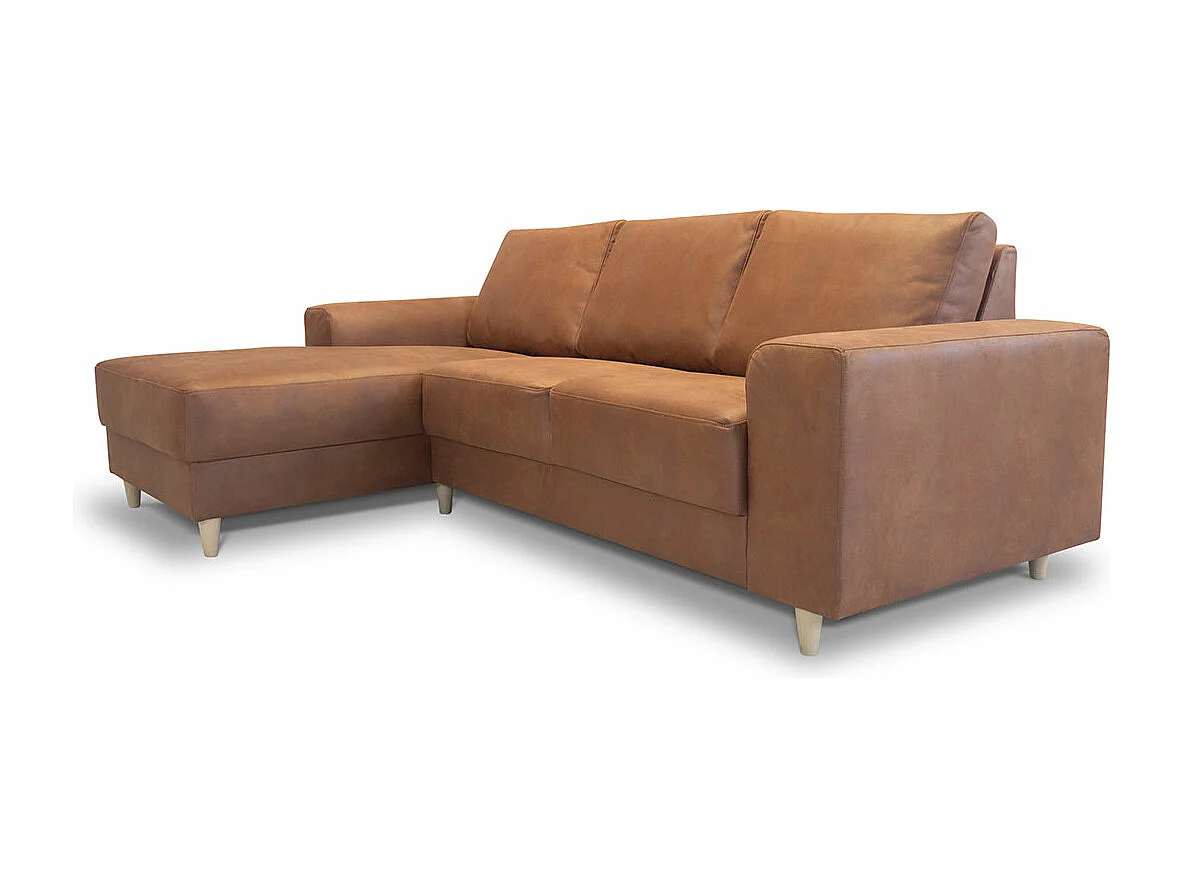 Nordic bank met chaise longue links gericht cognackleurig leer.