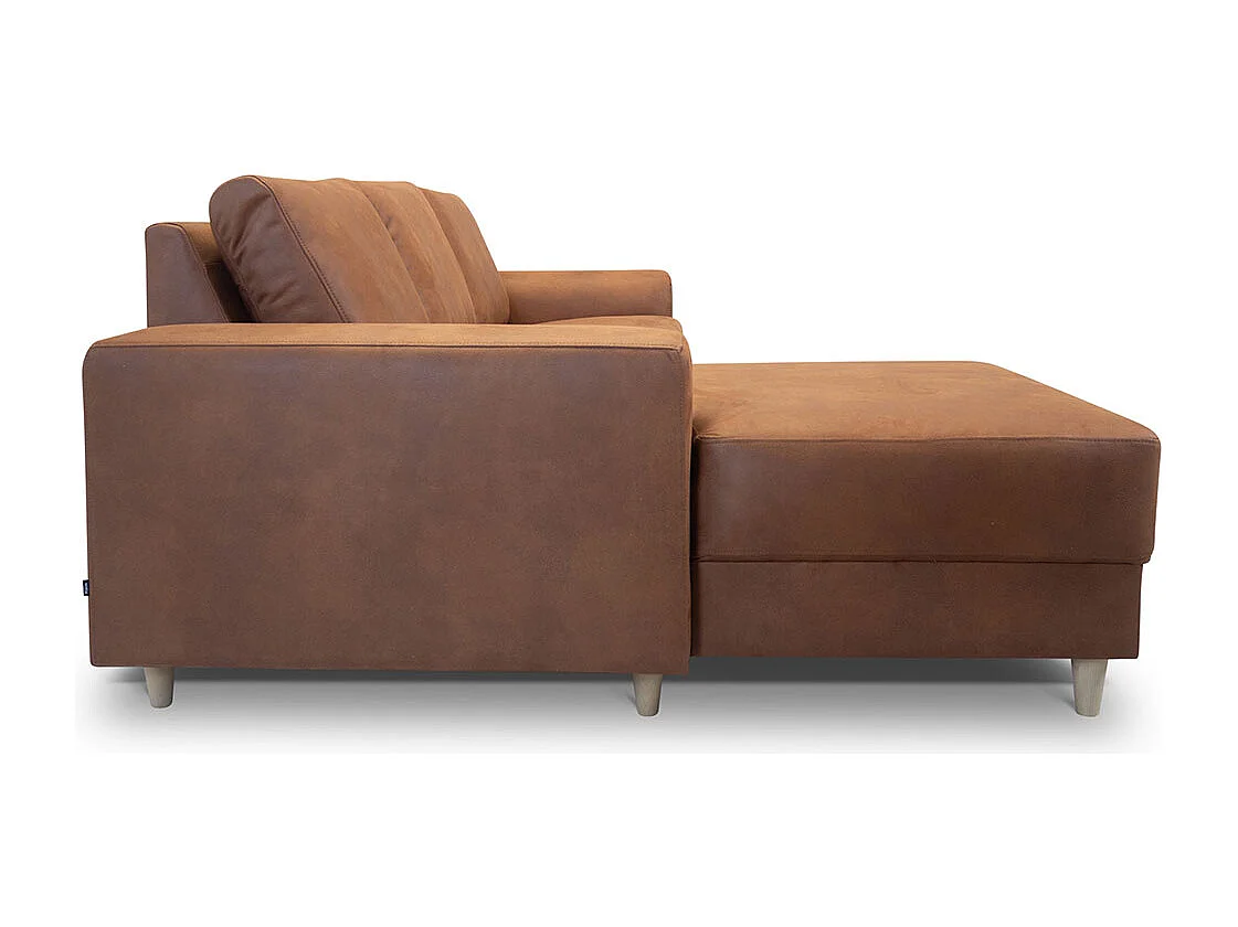 Nordic bank met chaise longue links gericht cognackleurig leer.
