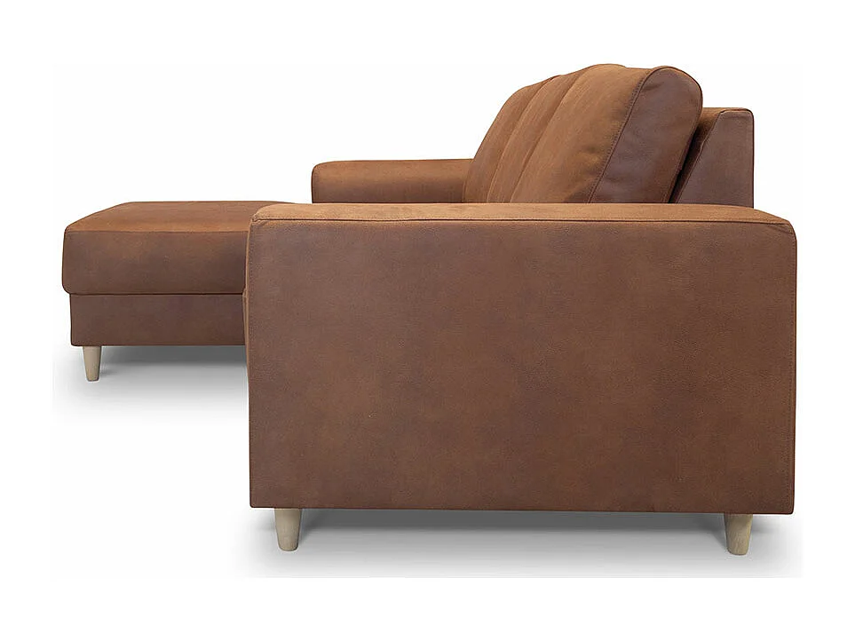 Nordic bank met chaise longue links gericht cognackleurig leer.