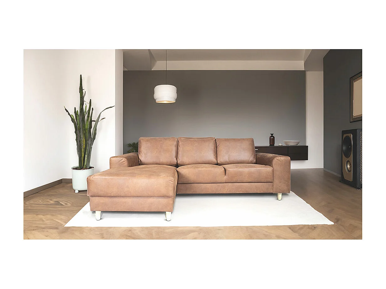 Nordic bank met chaise longue links gericht cognackleurig leer.