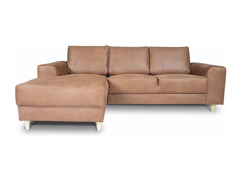 Nordic bank met chaise longue links gericht cognackleurig leer.