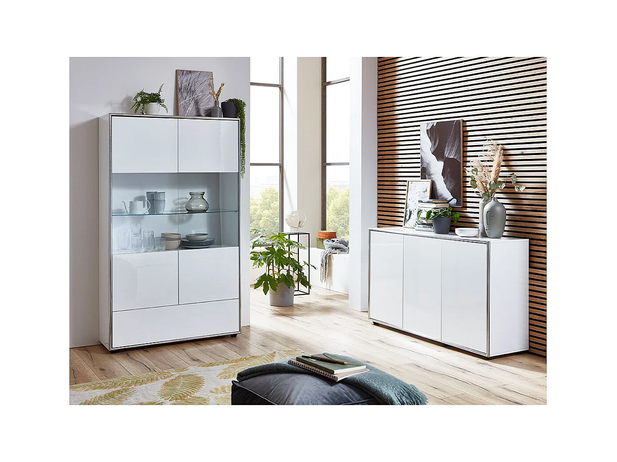 Kenan vitrine 2 portes, 1 tiroir laqué blanc brillant.