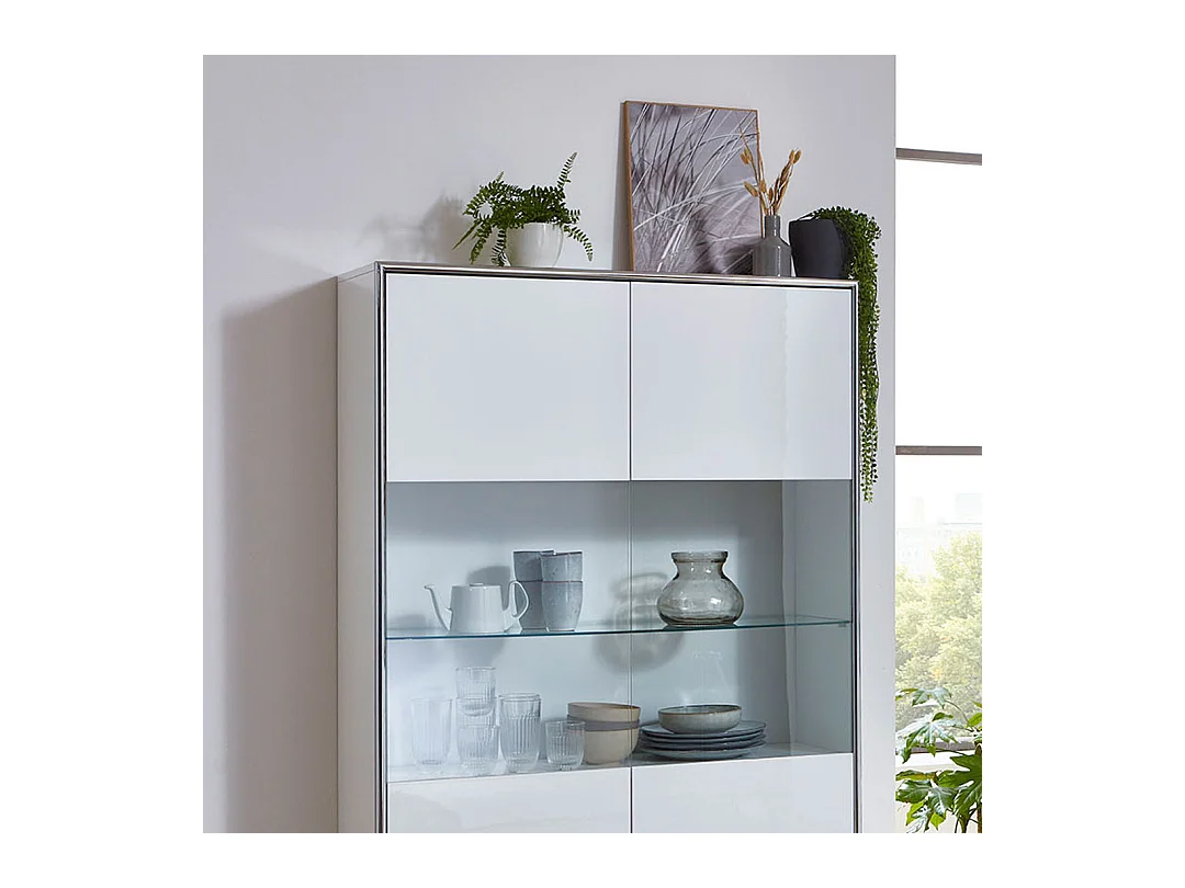 Kenan vitrine 2 portes, 1 tiroir laqué blanc brillant.