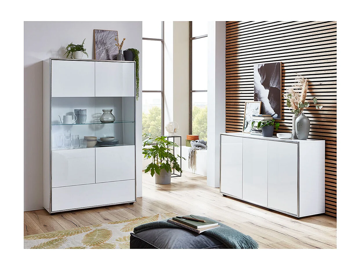 Kenan vitrine 2 portes, 1 tiroir laqué blanc brillant.