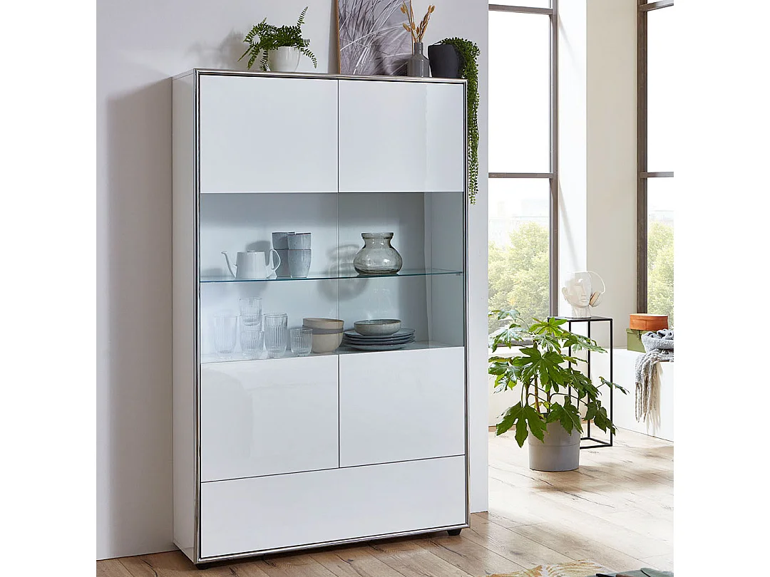 Kenan vitrine 2 portes, 1 tiroir laqué blanc brillant.