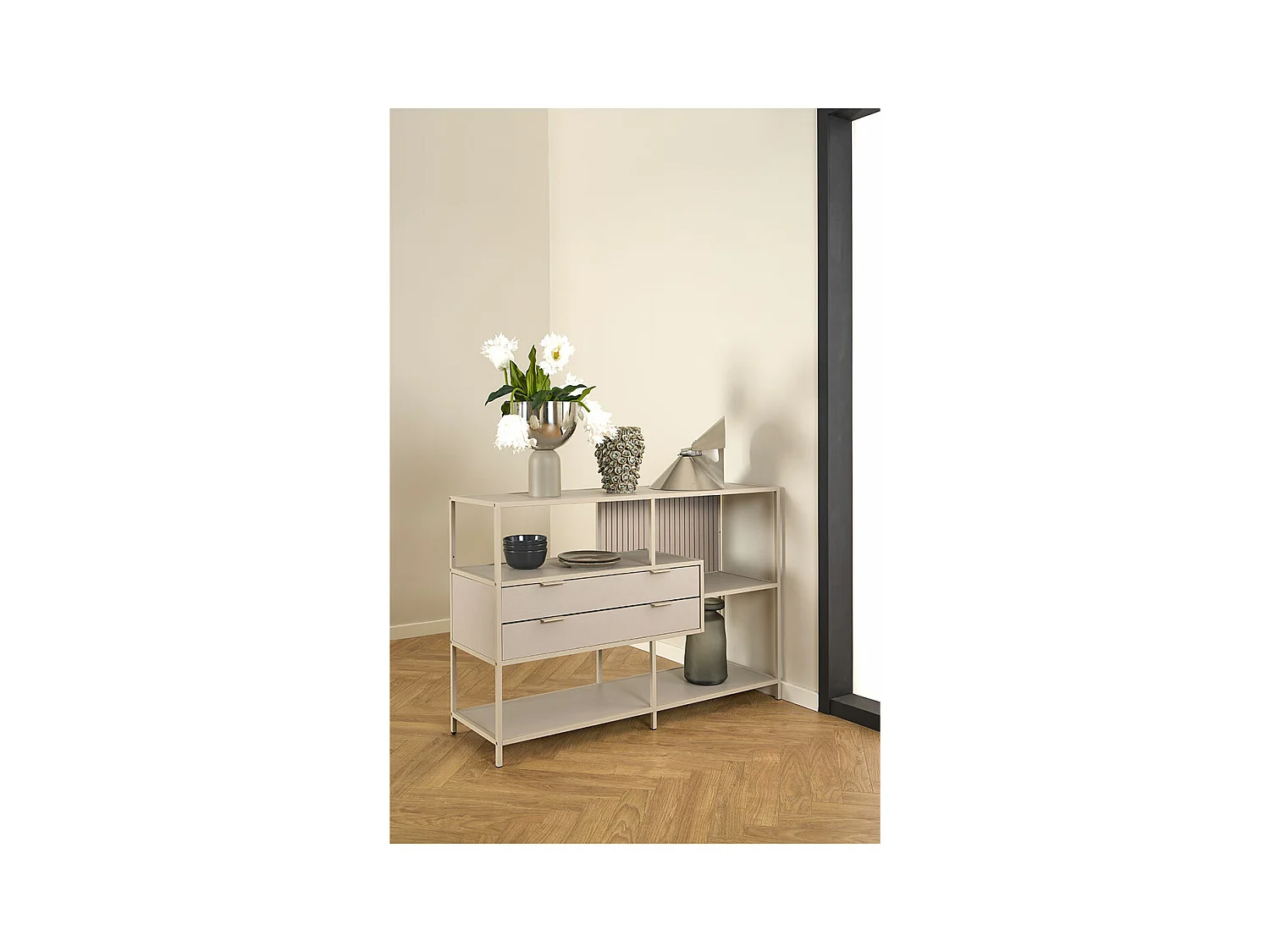 Seaford bibliothèque 2 tiroirs 3 étagères grises.