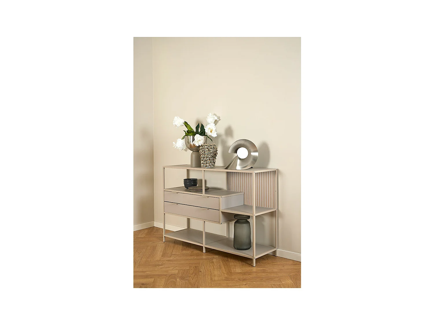 Seaford bibliothèque 2 tiroirs 3 étagères grises.