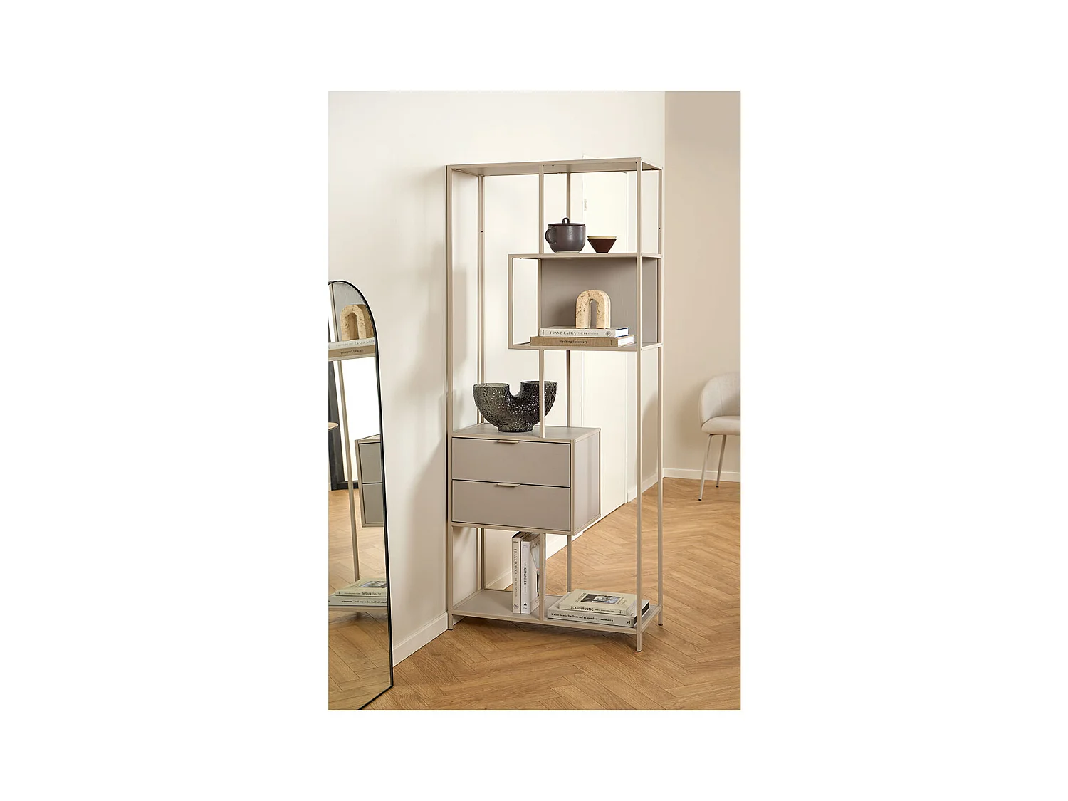 Seaford bibliothèque 2 tiroirs 4 étagères grises.