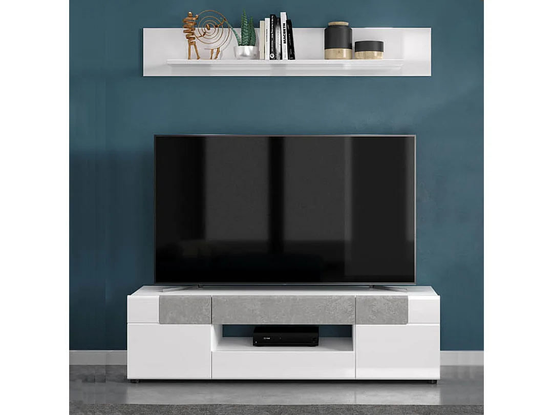 Tokyo table TV 2 portes, 2 tiroirs, 1 tablette et étagère TV supplémentaire, blanc brillant.