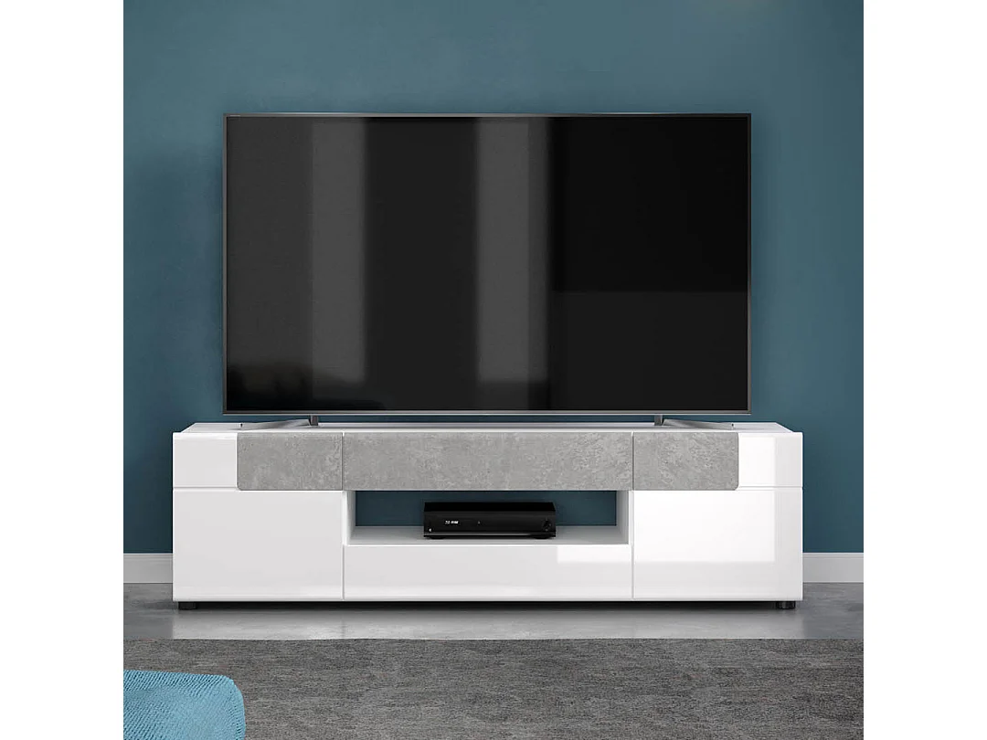 Tokyo table TV 2 portes, 2 tiroirs, 1 tablette et étagère TV supplémentaire, blanc brillant.