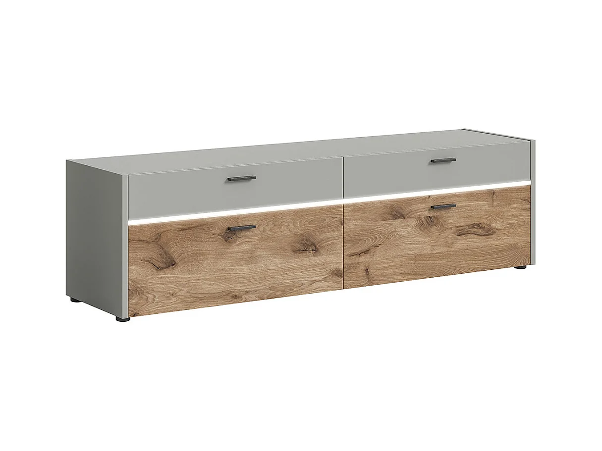 Celino meuble TV 2 tiroirs 2 portes rabattables avec éclairage LED gris clair.