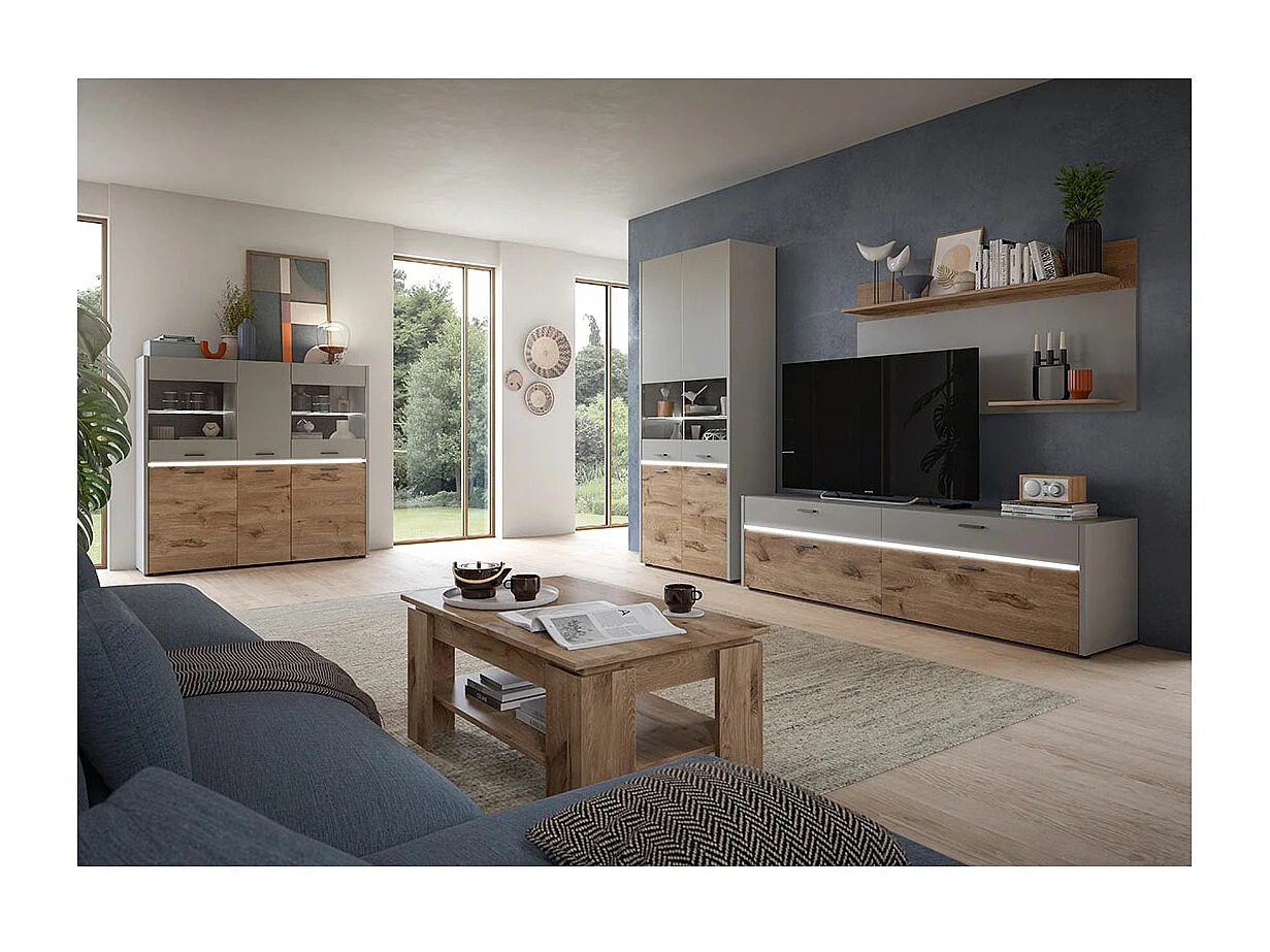 Celino meuble TV 2 tiroirs 2 portes rabattables avec éclairage LED gris clair.