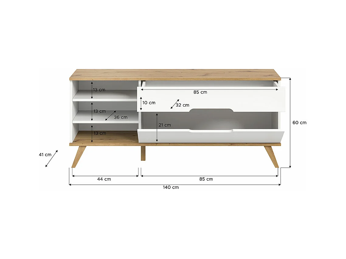 Scandi meuble TV 1 tiroir 3 compartiments 1 porte abattante blanc.
