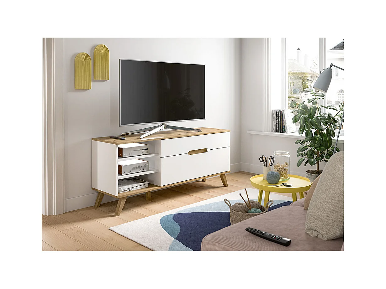 Scandi meuble TV 1 tiroir 3 compartiments 1 porte abattante blanc.