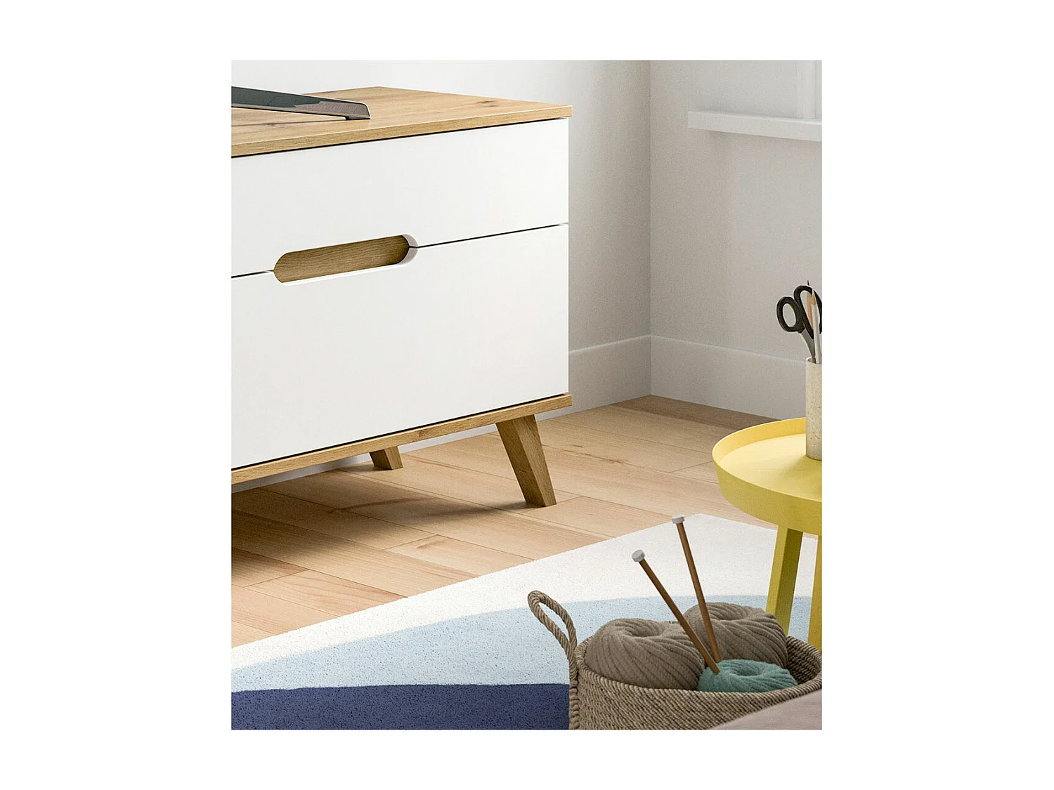 Scandi meuble TV 1 tiroir 3 compartiments 1 porte abattante blanc.