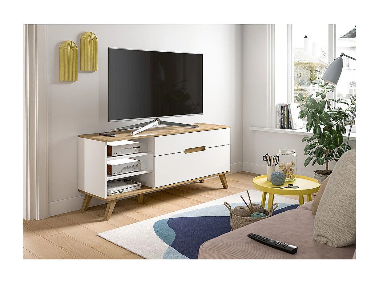Scandi TV-meubel 1 lade 3 vakken 1 klepdeur wit.