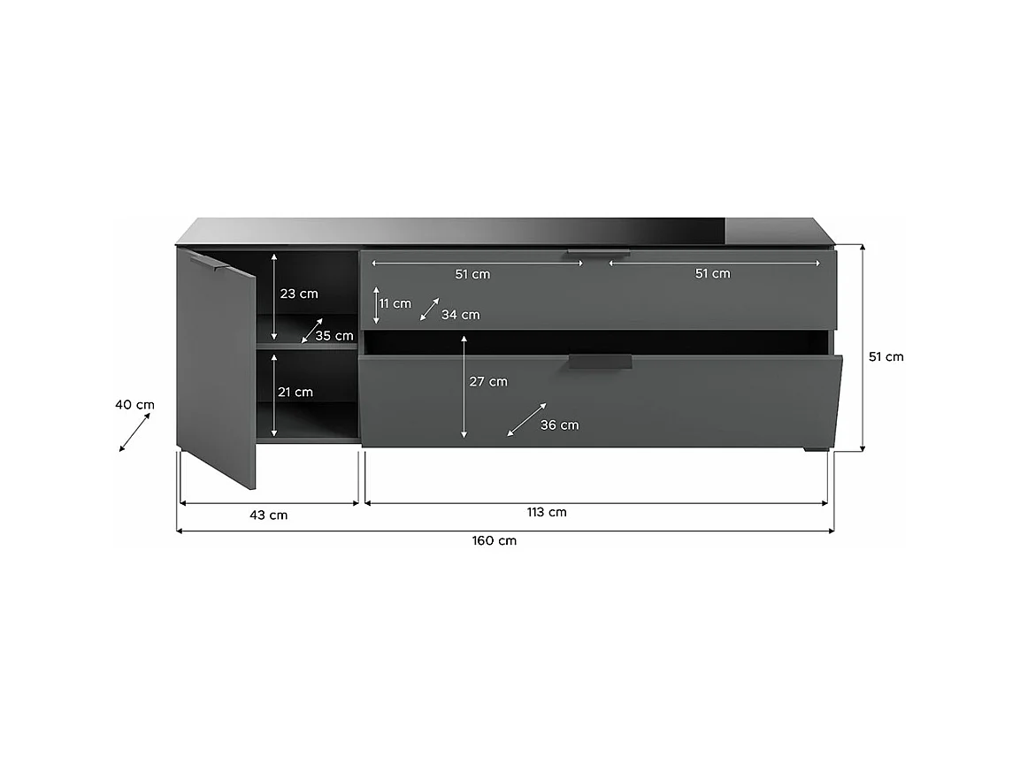 Ray TV Tisch 2 Schubladen 1 Tür 1 Klapptür anthrazit.