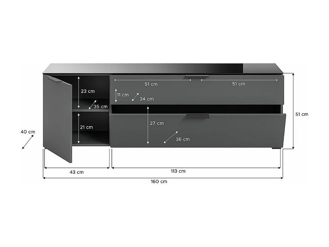 Ray meuble TV 2 tiroirs 1 porte 1 porte abattante anthracite.