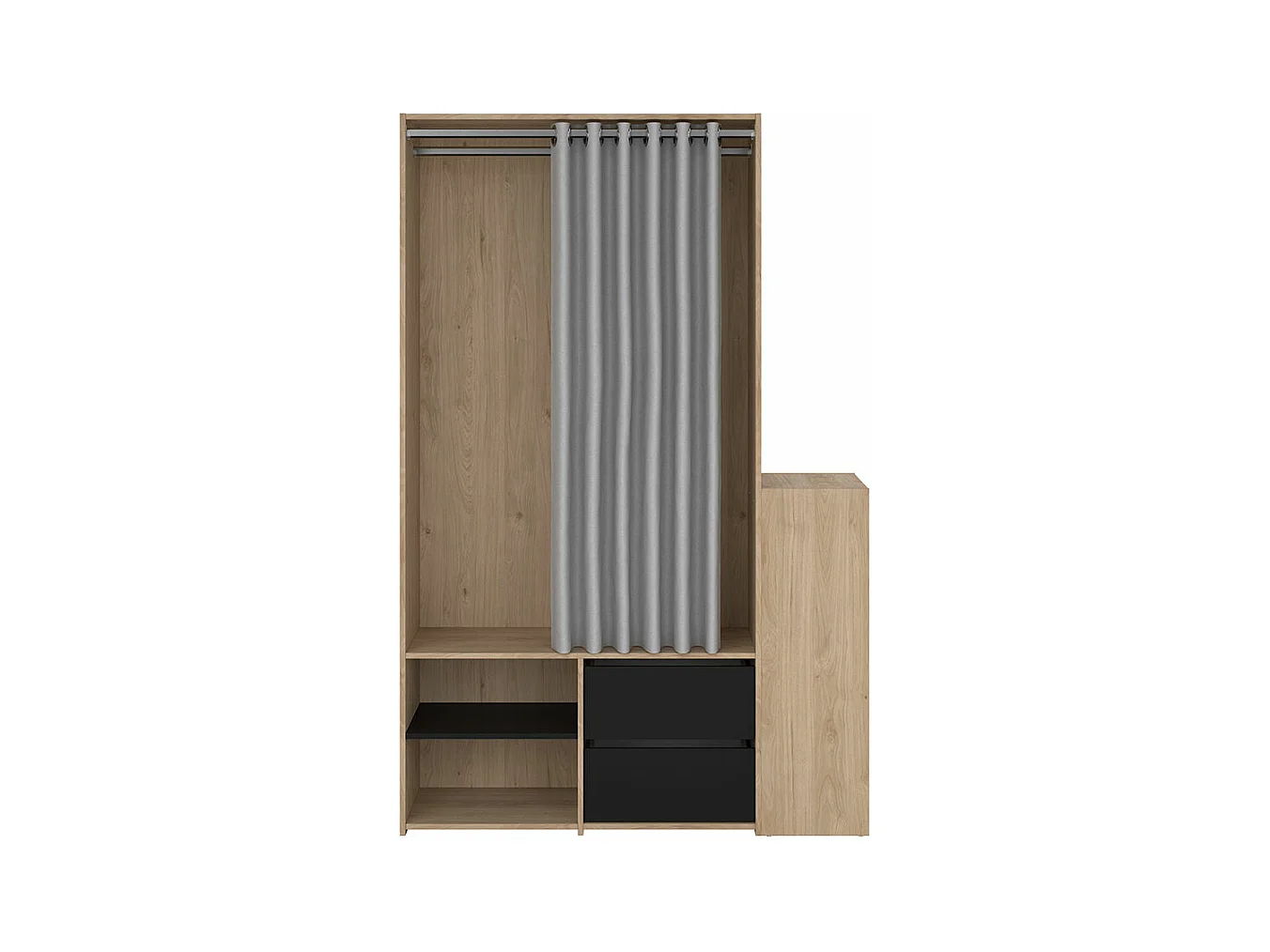 Kimmy armoire ouverte, avec rideau, 2 tiroirs, meuble à chaussures décor noyer, noir mat, rideau gris clair.