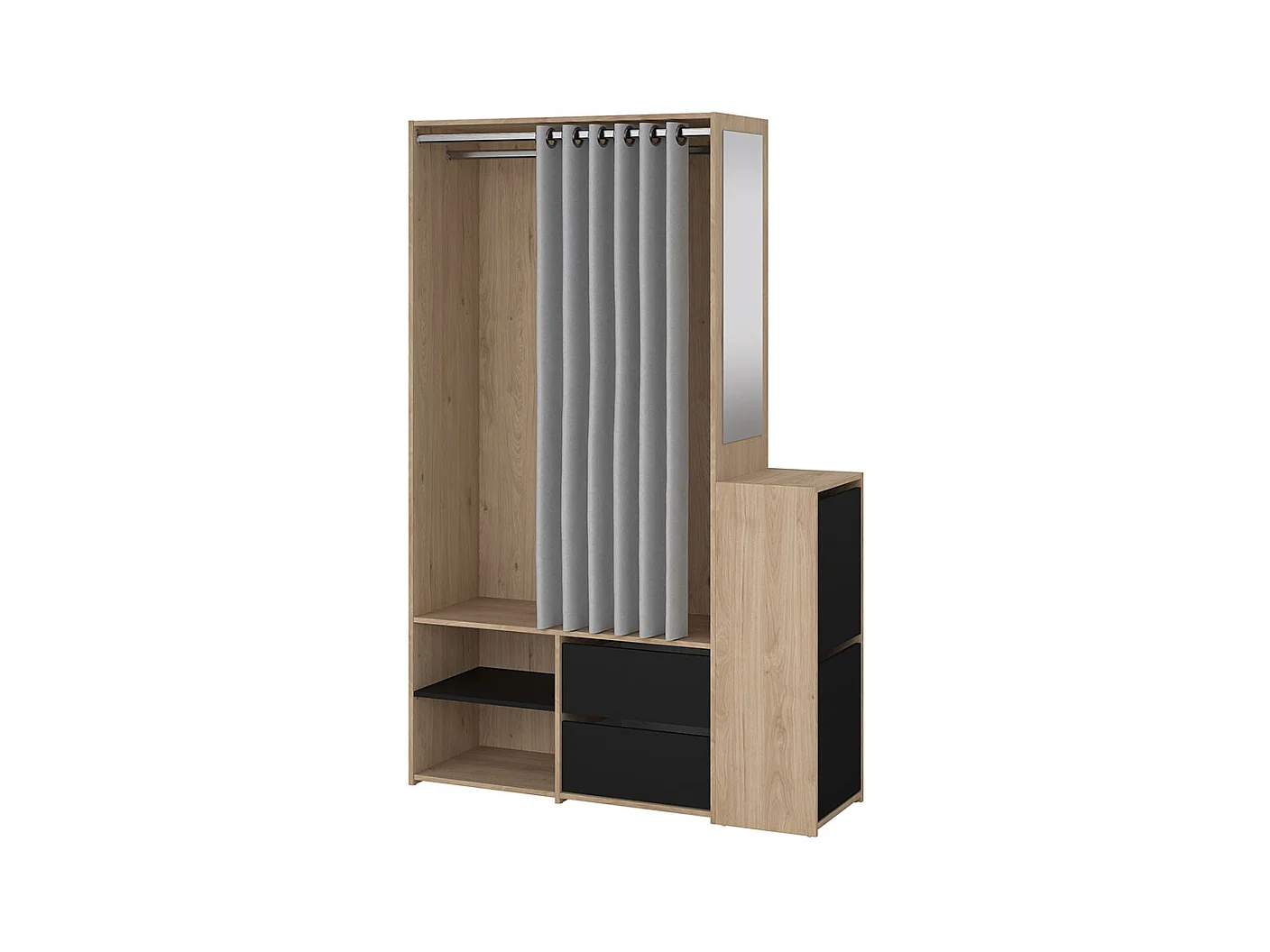 Kimmy armoire ouverte, avec rideau, 2 tiroirs, meuble à chaussures décor noyer, noir mat, rideau gris clair.