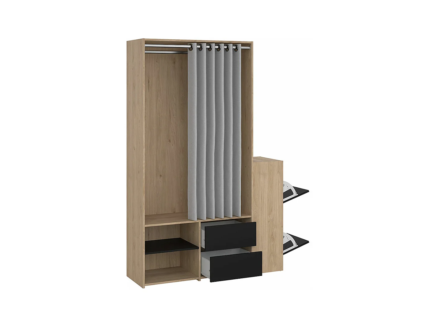 Kimmy armoire ouverte, avec rideau, 2 tiroirs, meuble à chaussures décor noyer, noir mat, rideau gris clair.