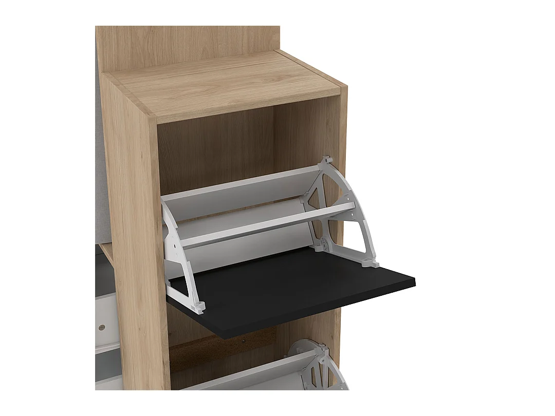 Kimmy armoire ouverte, avec rideau, 2 tiroirs, meuble à chaussures décor noyer, noir mat, rideau gris clair.