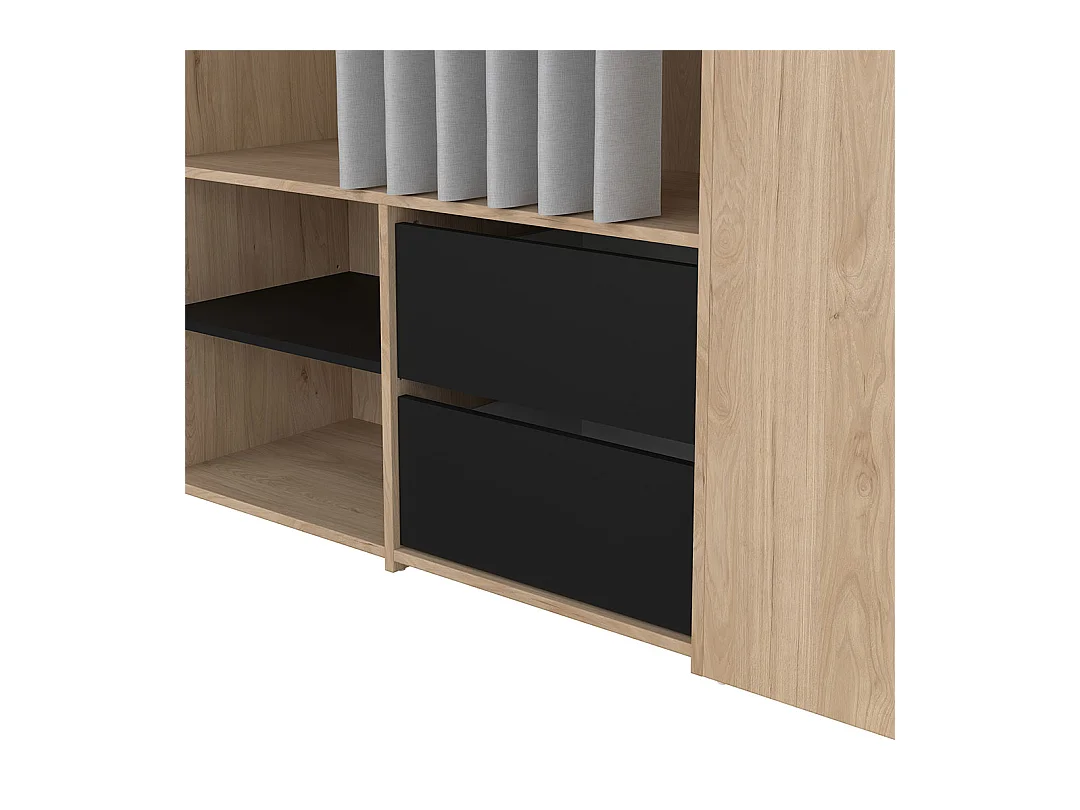 Kimmy armoire ouverte, avec rideau, 2 tiroirs, meuble à chaussures décor noyer, noir mat, rideau gris clair.