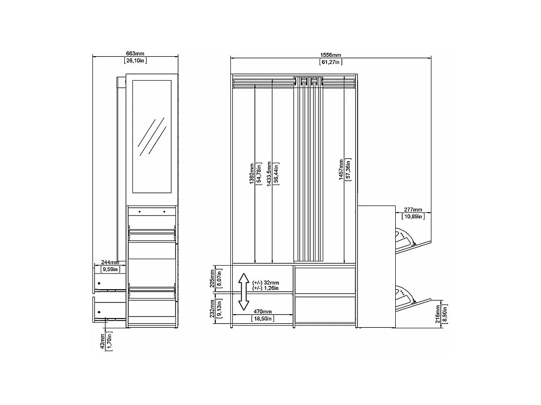 Kimmy armoire ouverte, avec rideau, 2 tiroirs, meuble à chaussures décor noyer, noir mat, rideau gris clair.
