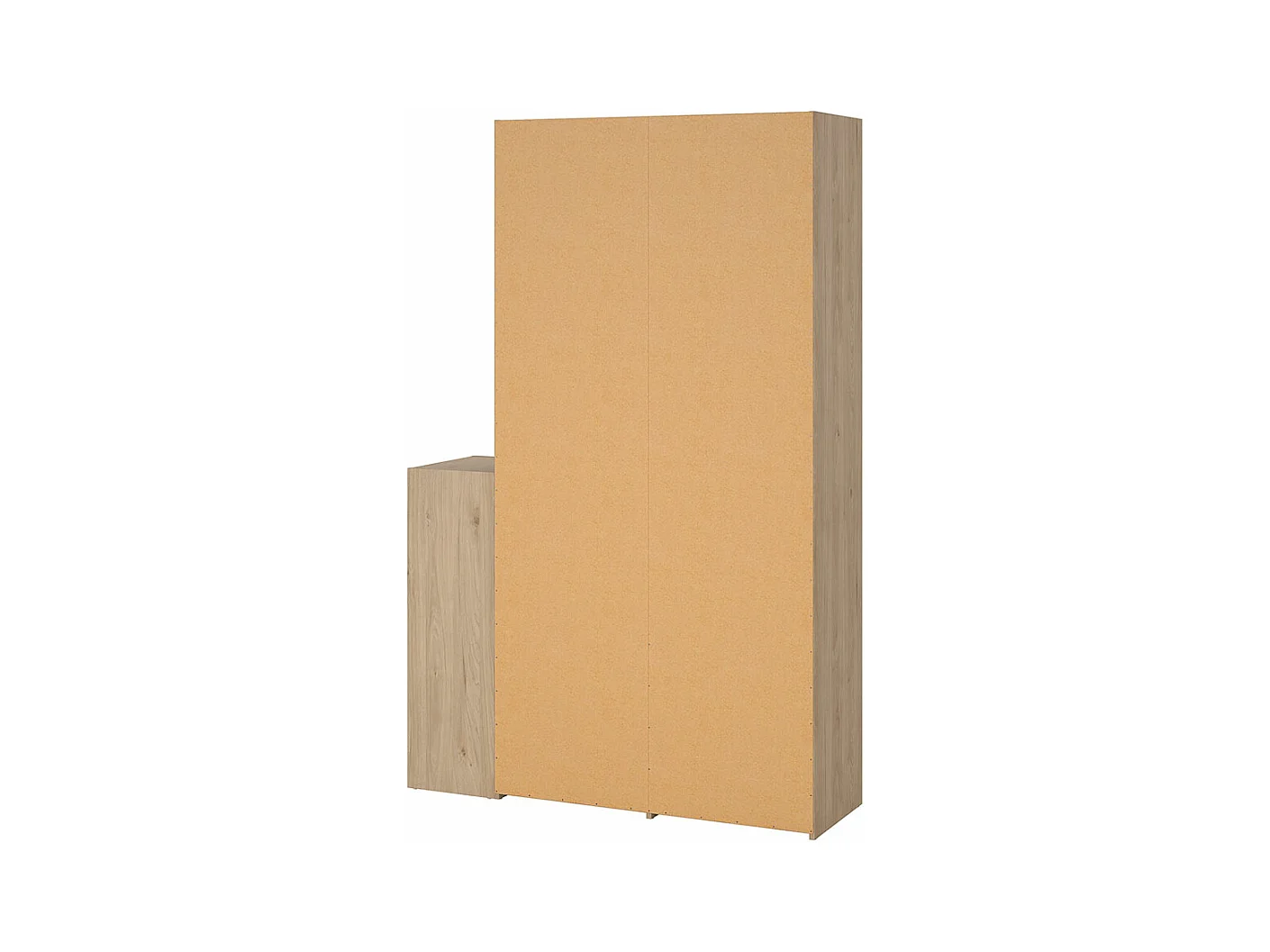 Kimmy armoire ouverte, avec rideau, 2 tiroirs, meuble à chaussures décor noyer, noir mat, rideau gris clair.