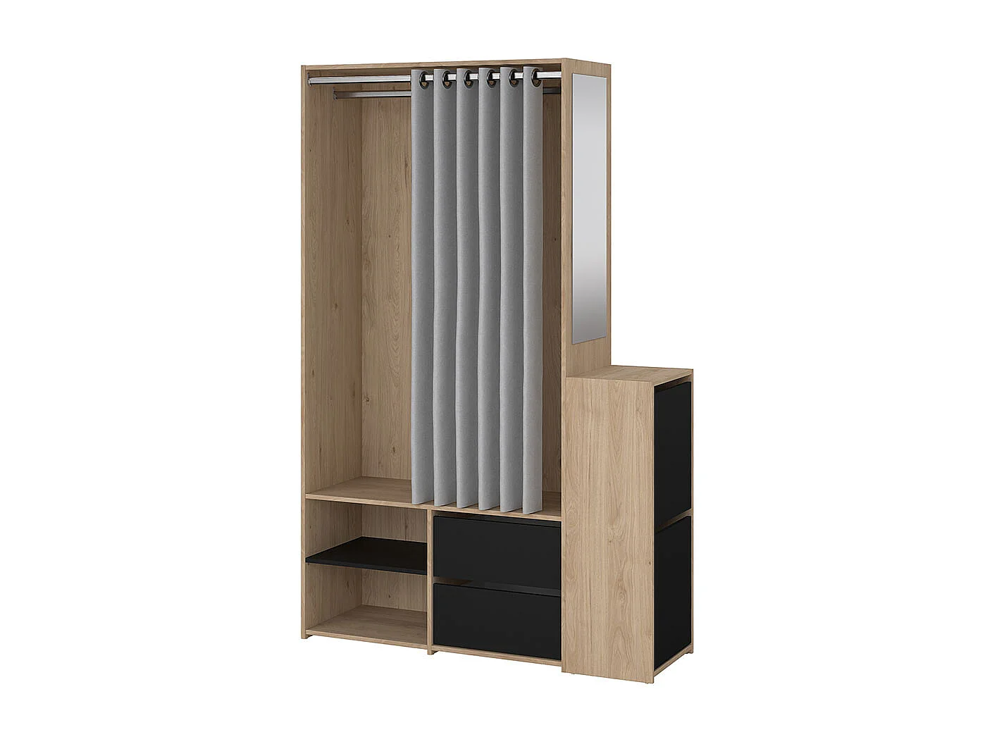 Kimmy armoire ouverte, avec rideau, 2 tiroirs, meuble à chaussures décor noyer, noir mat, rideau gris clair.