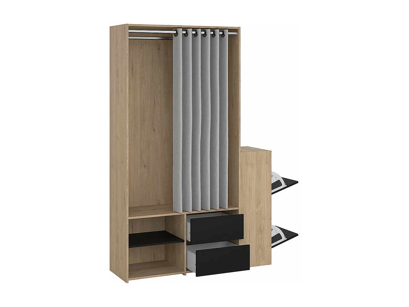 Kimmy armoire ouverte, avec rideau, 2 tiroirs, meuble à chaussures décor noyer, noir mat, rideau gris clair.