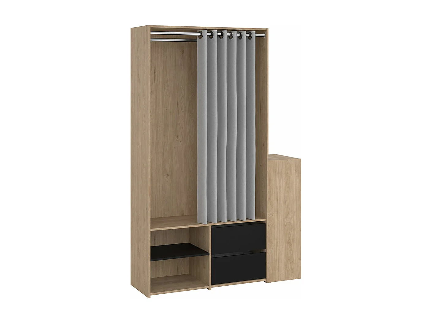 Kimmy armoire ouverte, avec rideau, 2 tiroirs, meuble à chaussures décor noyer, noir mat, rideau gris clair.